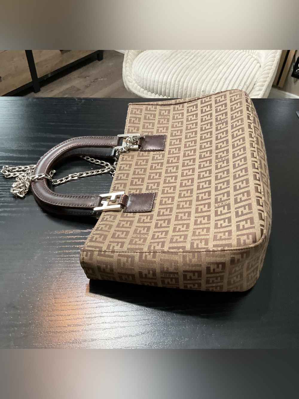 Fendi Brown FF Logo Canvas Satchel with Chain Strap - Picture 8 of 12